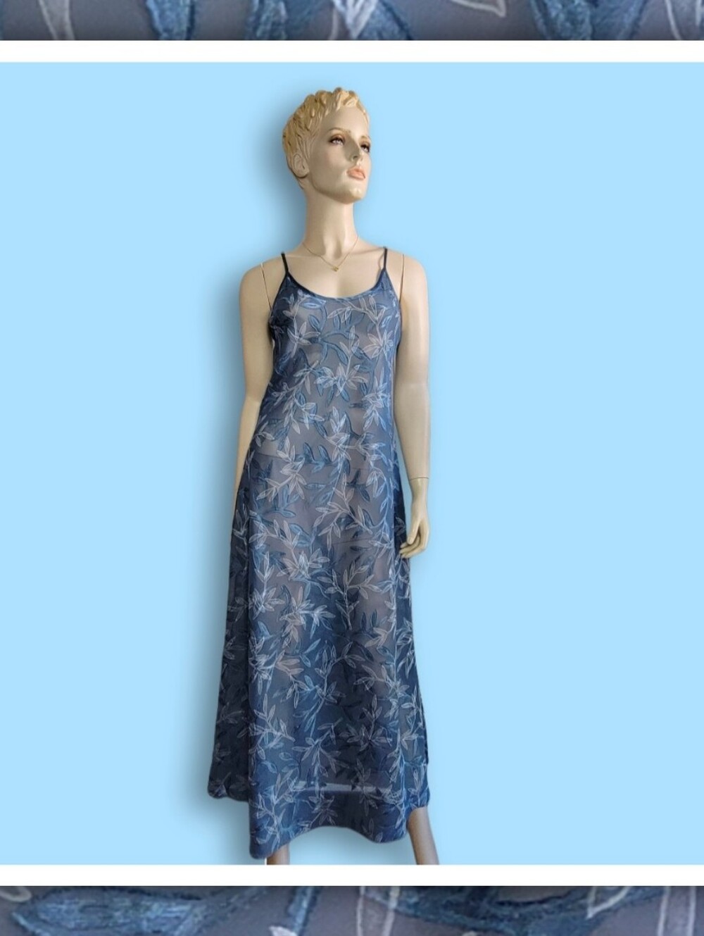 Halston Sheer Burnout Velvet Maxi Slip Dress Blue Leaf Print Sz Med Vintage 90s